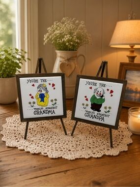 Vintage "World's Greatest Grandpa & Grandma" Ceramic Tile Plaques on Wood Easels